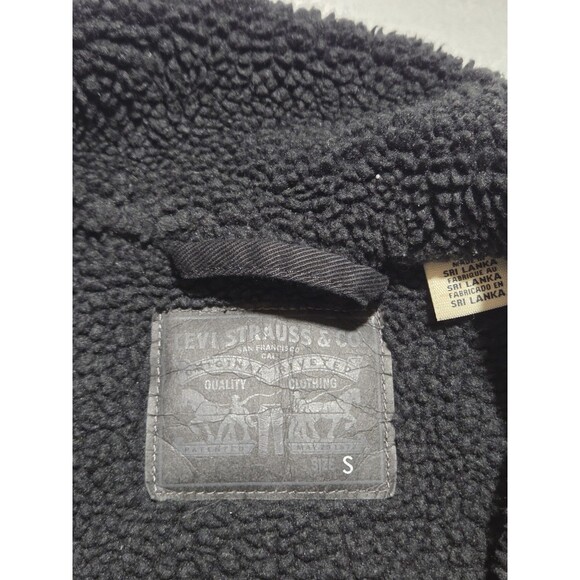 Womens Black Levis Strauss Sherpa Collar Trucker Denim Jean Jacket Small Petite - Picture 3 of 9